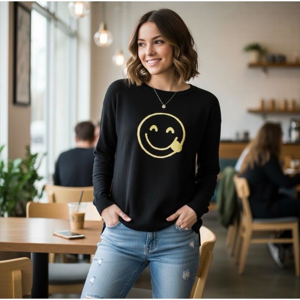 Rue21 Black Smiley Face Graphic Knit Sweater Crew Neck Long Sleeve Medium